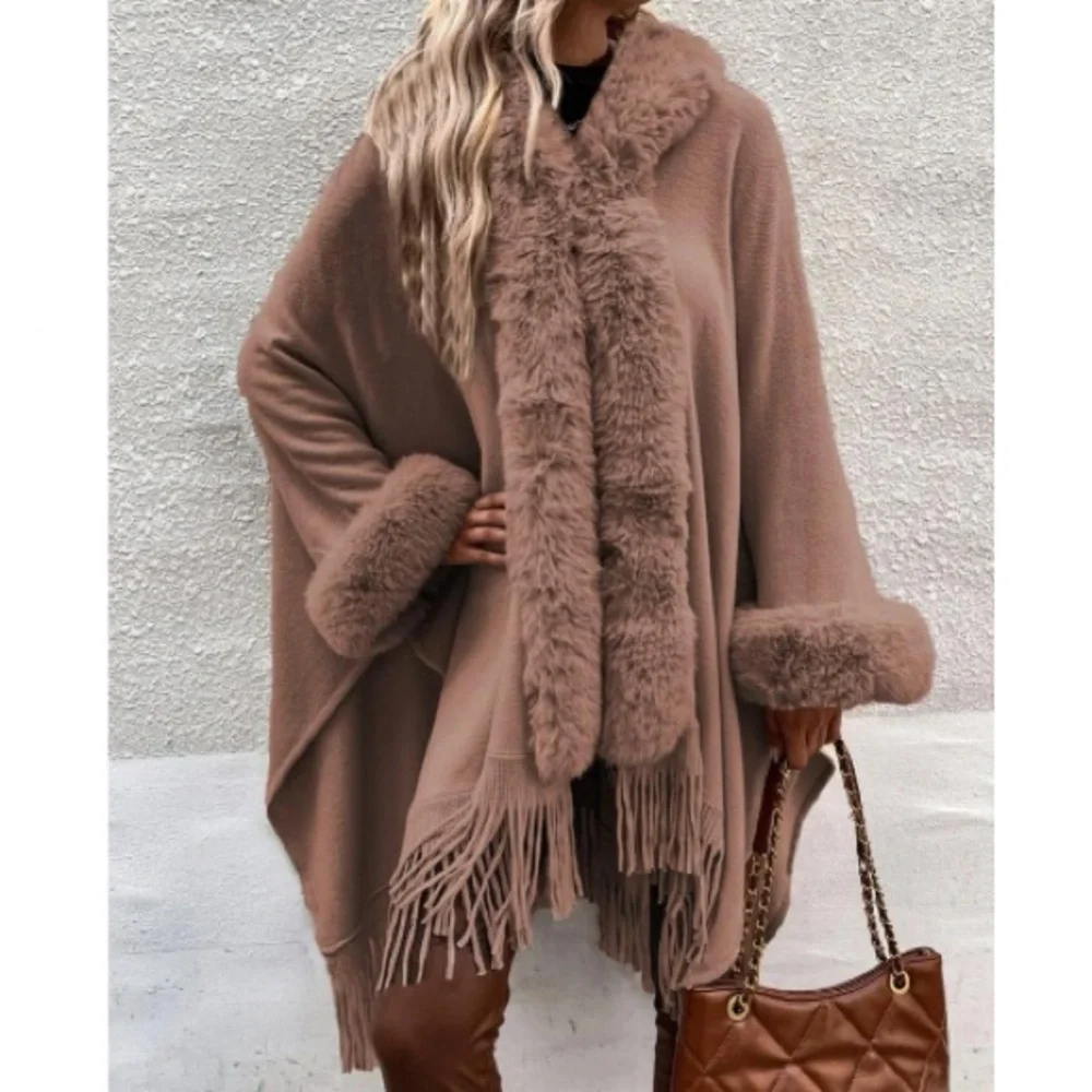 Cozy vegan fur dolman sleeve tssel poncho shawl scarf wrap cardigan - Picture 3 of 16